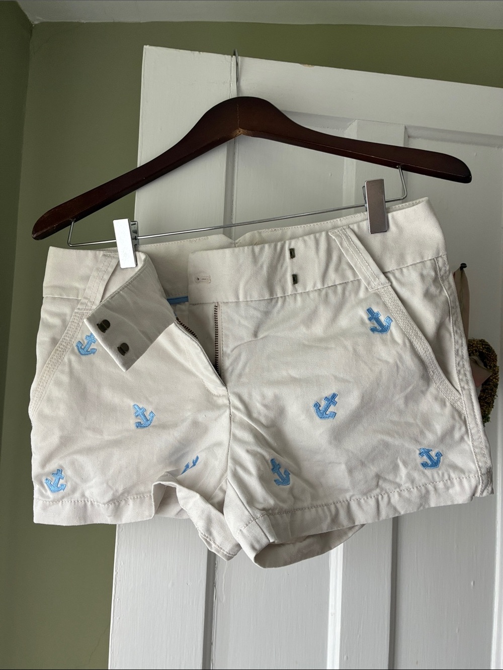 J. Crew White Cotton Shorts with Light Blue Anchor Embroidery
